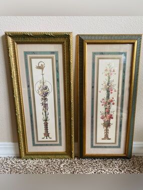 Vintage Neoclassical Botanical Art Prints Pair Framed Ornate Gilt Green Set of 2